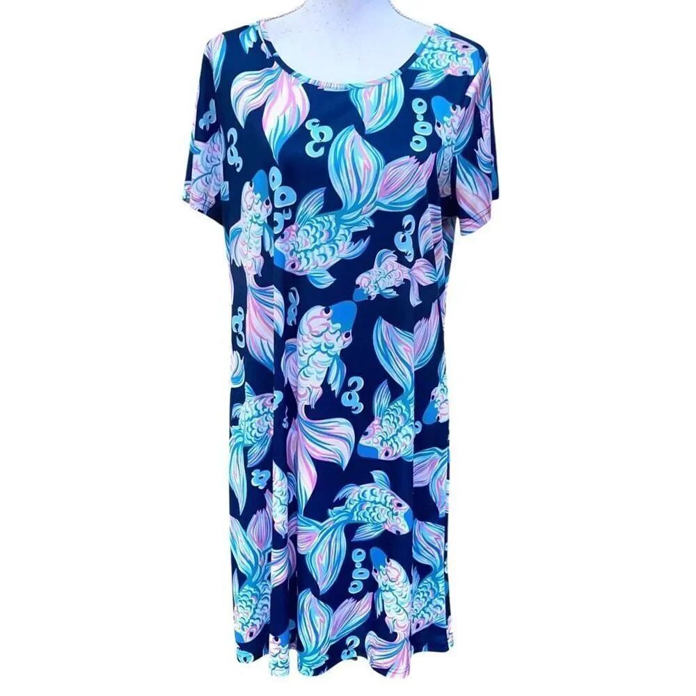 Abby Joy by Tango Mango Dress XL Navy Blue Fish Print Short Sleeve Shift Dress